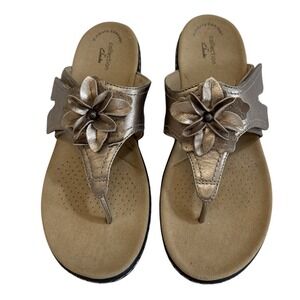 Clarks Women Hook & Loop Leather Textile & Synthetic Sandals Sz 9 Gold Floral
